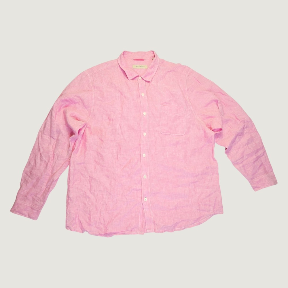 Tommy Bahama Men's XXL Button Down Shirt Pink 100% Linen Long Sleeve Pocket Q23
